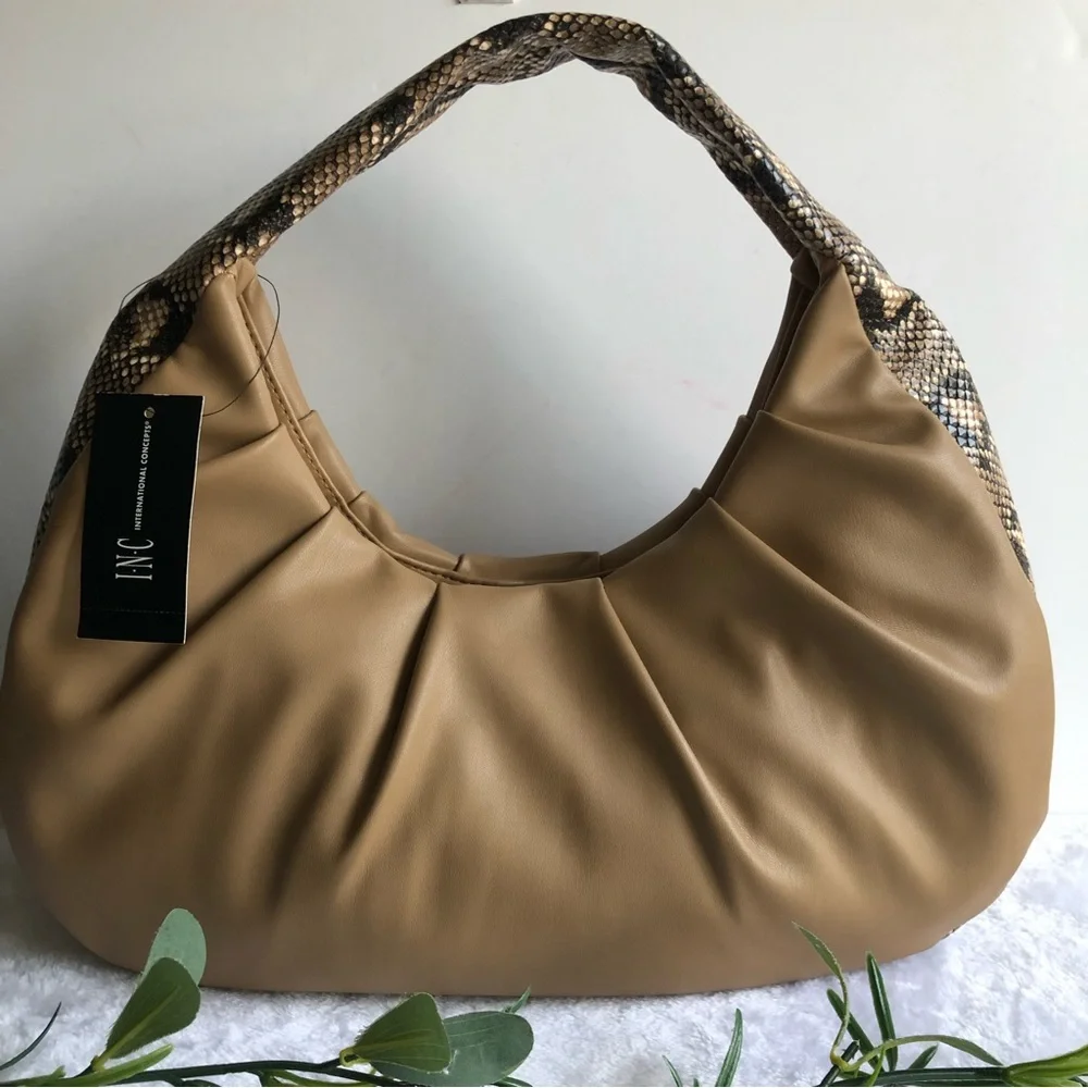 INC International Concepts KJ Wedge Hobo Shoulder Bag, Snake Trim Camel, NWT
